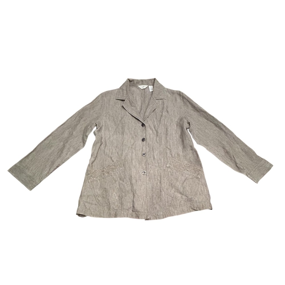 J Jill 100% Linen Button Front‎ Shacket Jacket Shirt Casual Top Embroidered Tan